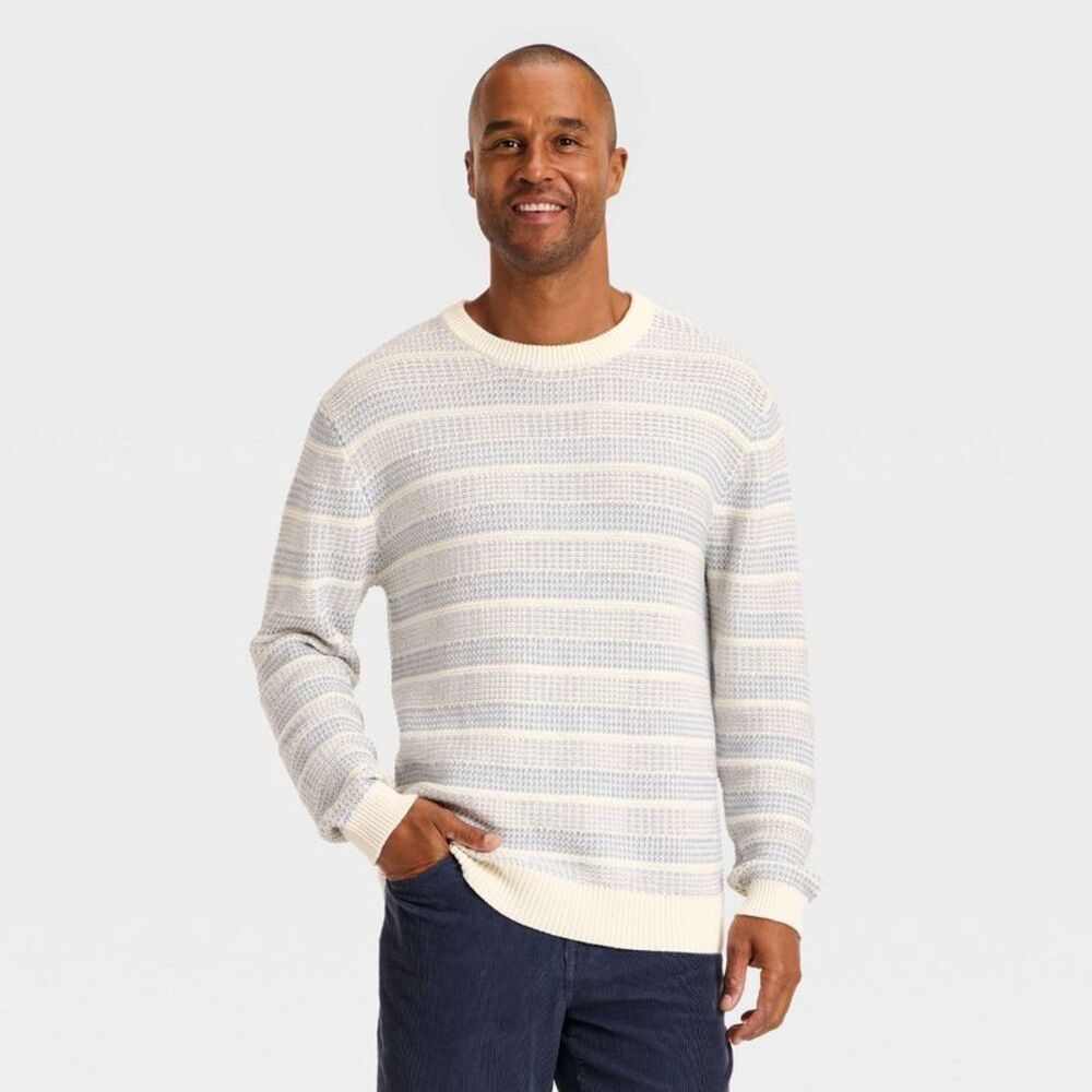 Men's Textured Crewneck Sweater - Goodfellow & Co Cream/Blue Striped XL